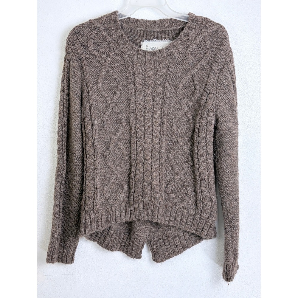 The Andean Artisan Cable Knit Sweater Brown Alpaca Wool Split Hem L